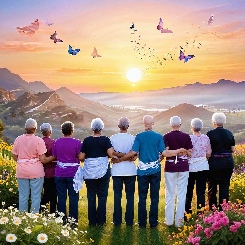 A serene landscape showcasing a diverse group of cancer survivors standing together in solidarity, each representing different ages and backgrounds. In the background, a radiant sunrise symbolizes hope and new beginnings, with soft flowers blooming around them. Include symbols of strength like butterflies and ribbons subtly integrated into the design. The overall atmosphere should be uplifting and encouraging. super-realistic. vibrant colors.