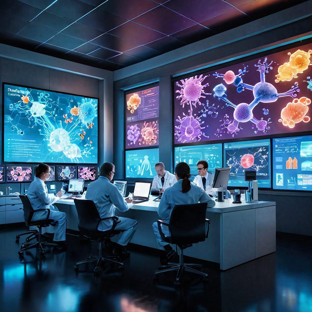 A dynamic and engaging composition featuring a detailed, vibrant lab scene with scientists discussing advanced therapies like immunotherapy and chemotherapy. Include vivid representations of cells and molecules in the background, illustrating their interactions. Show a digital screen displaying treatment advancements and statistics, with a glowing atmosphere to symbolize hope and innovation. Modern and sleek design elements should enhance the scientific theme. super-realistic. vibrant colors. high-tech ambiance.