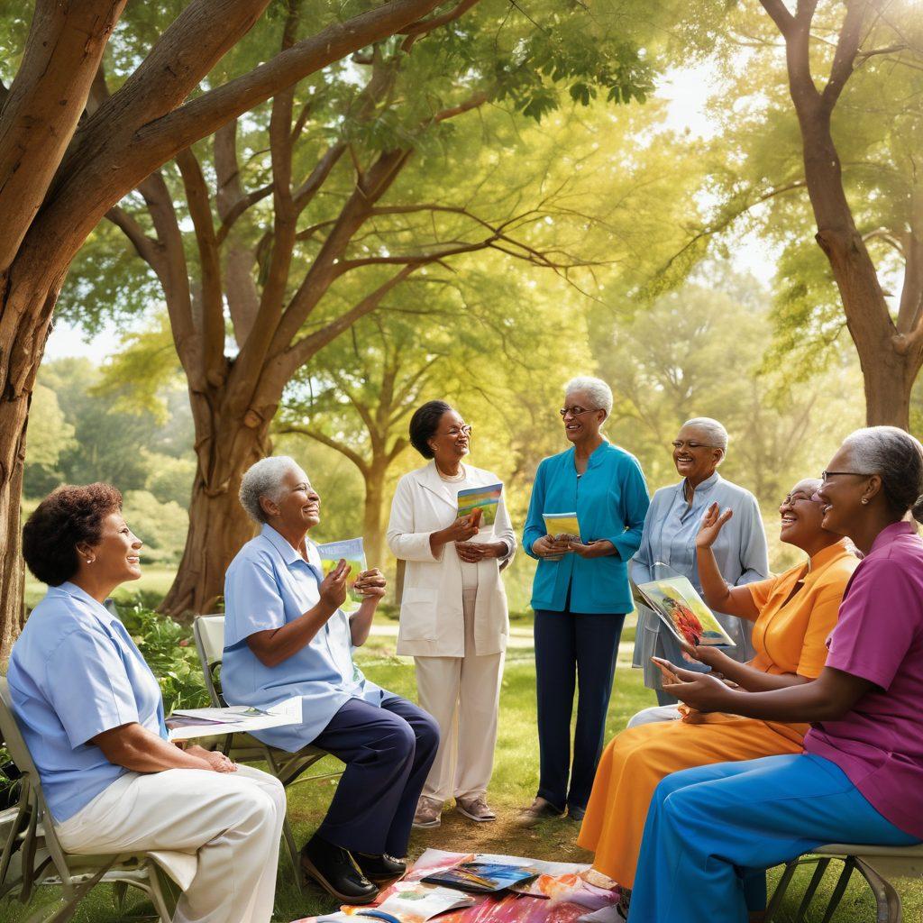 A diverse group of patients of various ages and backgrounds, joyfully interacting in a supportive community setting, surrounded by comforting visuals of healthcare resources like brochures and wellness tools. A vibrant banner overhead reading 'Empowering Survivorship' enhances the atmosphere, while soft sunlight filters through trees, symbolizing hope and healing. Include elements of unity and strength like hands joined together or embracing. painting. vibrant colors. warm lighting.